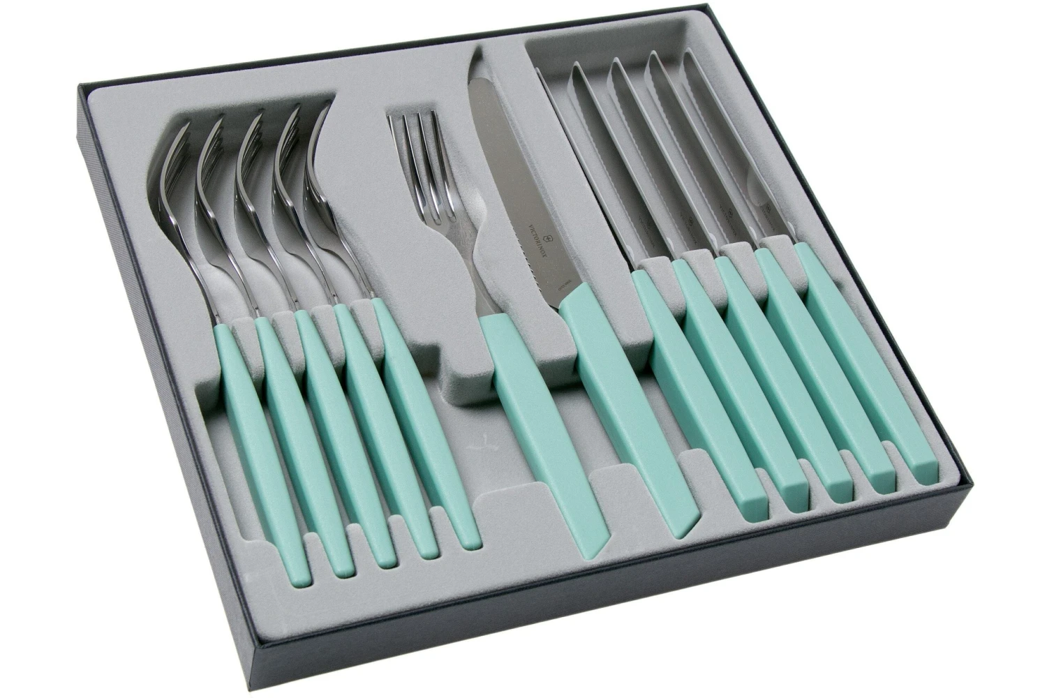 Victorinox Swiss Modern 6.9096.11W41.12, 12-teiliges Besteckset Mit Tomatenmesser, Grün 4 Victorinox Swiss Modern 6.9096.11W41.12, 12-teiliges Besteckset Mit Tomatenmesser, Grün – Bild 2